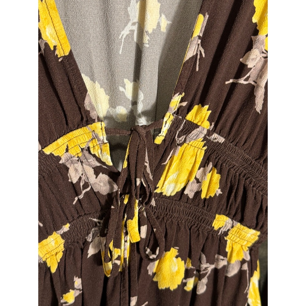 WAYF Brown Yellow Floral Smocked Waist V-Neck Long Sleeve Mini Dress Small - Picture 5 of 13